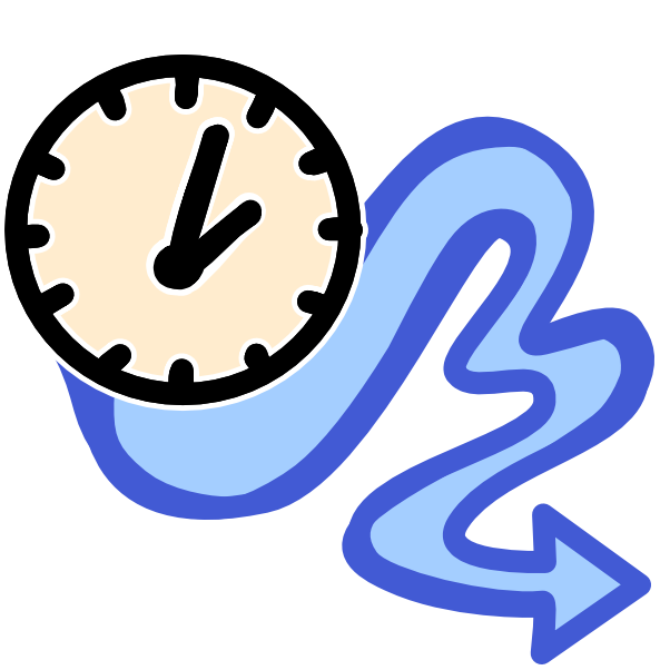  an off white clock with a windy blue arrow coming from it and pointing to the right. 